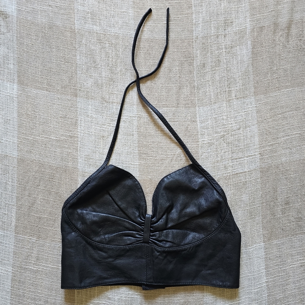 VTG Western Motoboho Yallternative Biker Black Leather Tie Cropped Halter Top - Picture 11 of 11